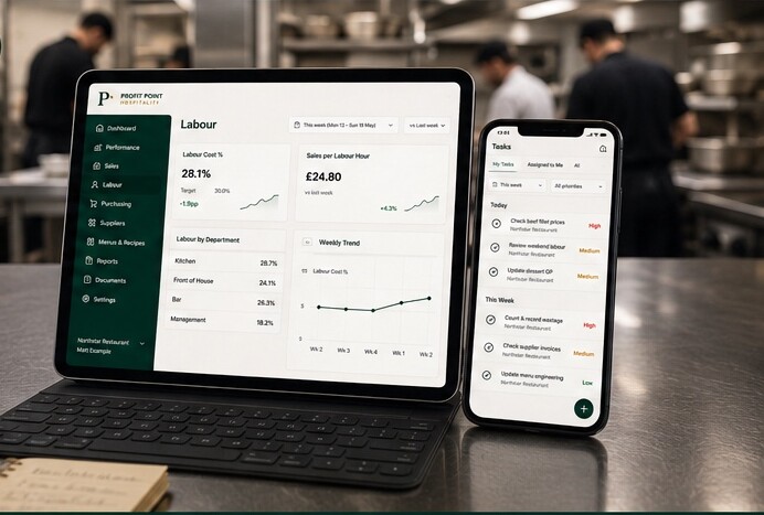 Profit Point Hospitality labour reporting and operational tasks shown on a tablet and mobile phone in a working kitchen