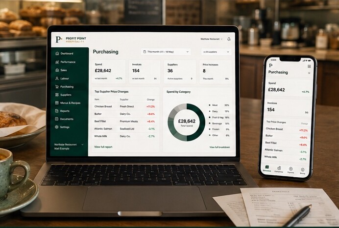 Profit Point Hospitality purchasing and supplier control dashboard on a laptop and mobile phone